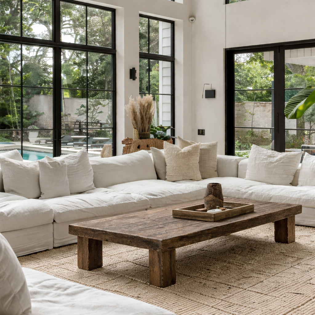 Modern living room with large windows, white sofa, and wooden coffee table.