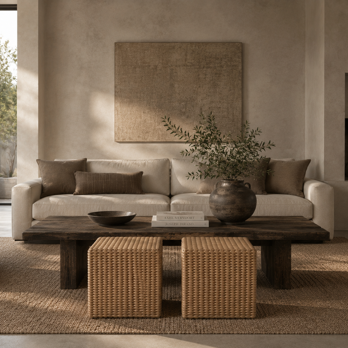 A styled living room featuring a cream-colored sofa with brown accent pillows, a dark wood coffee table, two woven rattan ottomans, and a large textured beige wall art piece hanging above the sofa.