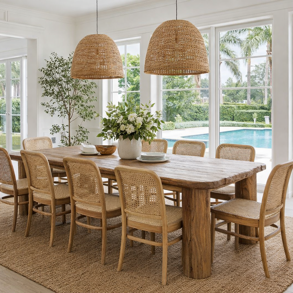 Dining area with wooden table and chairs in a bright room with large windows.