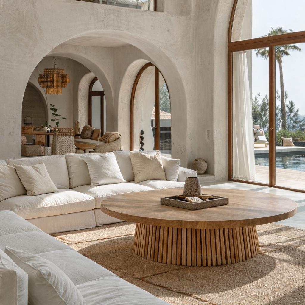 Modern living room with white sectional sofa, wooden coffee table, and large windows.