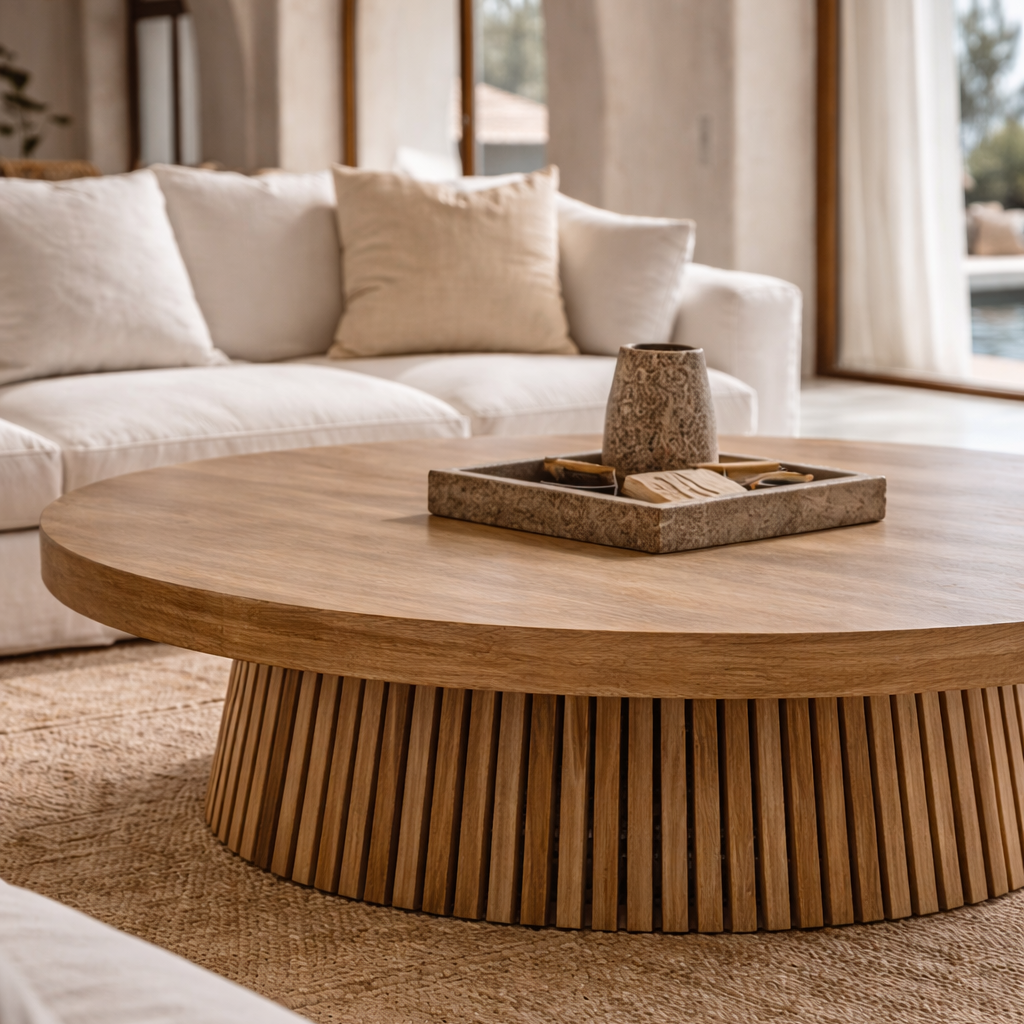 Round wooden coffee table in a living room with a white sofa and decorative items.