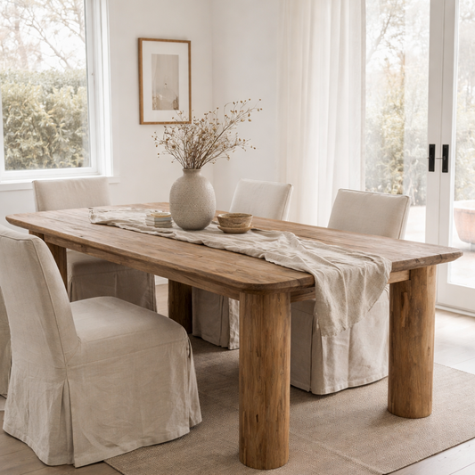 Reclaimed teak wood dining table with thick block legs – Prescott Dining Table