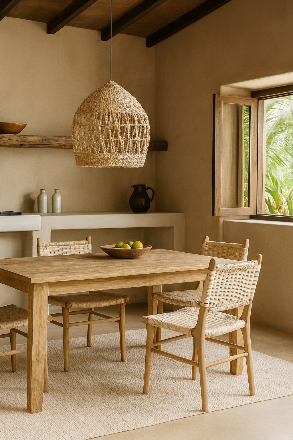 Dining area with wooden table and chairs, wicker pendant light, and a window with natural light.