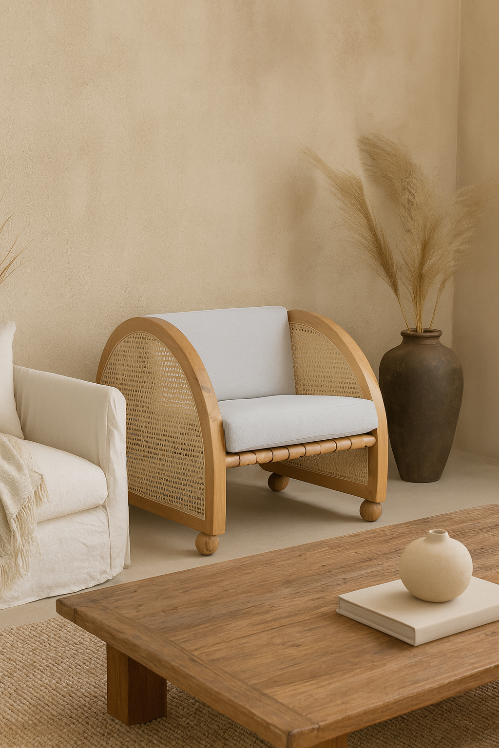 Wicker chair with white cushion in a room with beige walls and a wooden coffee table.