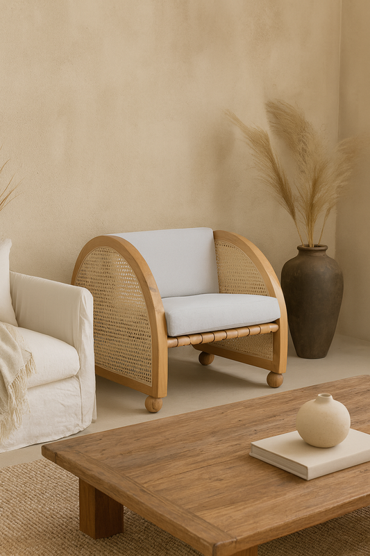 Wicker chair with white cushion in a room with beige walls and a wooden coffee table.