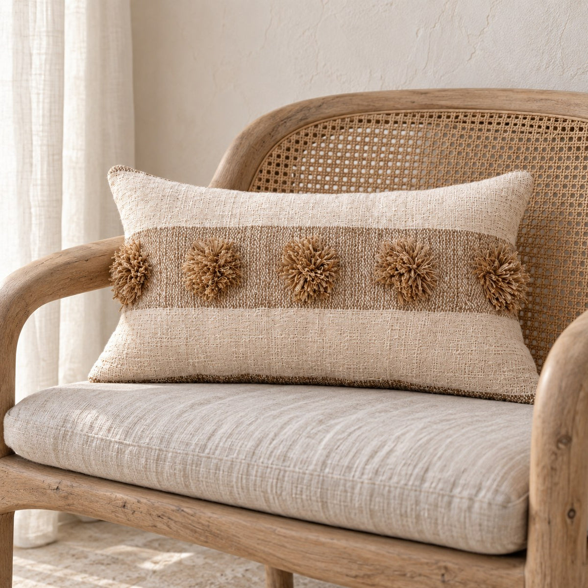Dot Tufted Lumbar Pillow Cover – Handwoven Cotton with Pom Pom Detail