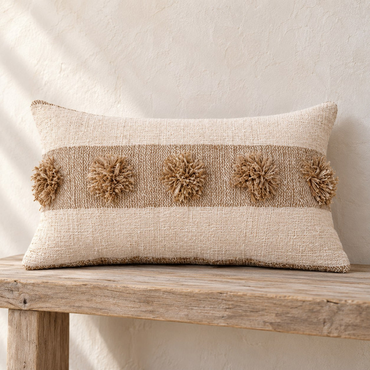 Dot Tufted Lumbar Pillow Cover – Handwoven Cotton with Pom Pom Detail