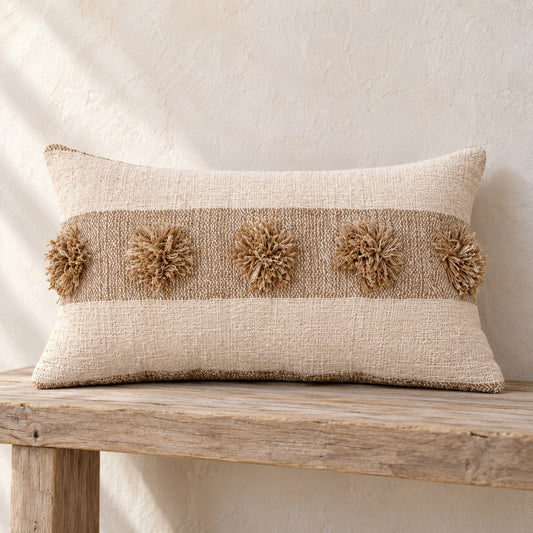 Dot Tufted Lumbar Pillow Cover – Handwoven Cotton with Pom Pom Detail