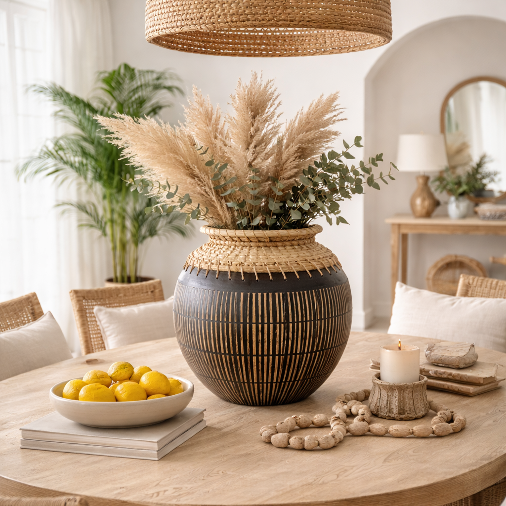 A bohemian-style dining room scene featuring a round wooden table with woven rattan chairs, a large woven pendant light, and a central ceramic vase filled with pampas grass and greenery, styled with lemons and candles.