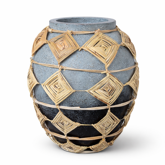 A decorative ceramic vase with a textured slate blue and black gradient body, wrapped in a geometric gold wire lattice pattern, shown on a white background.