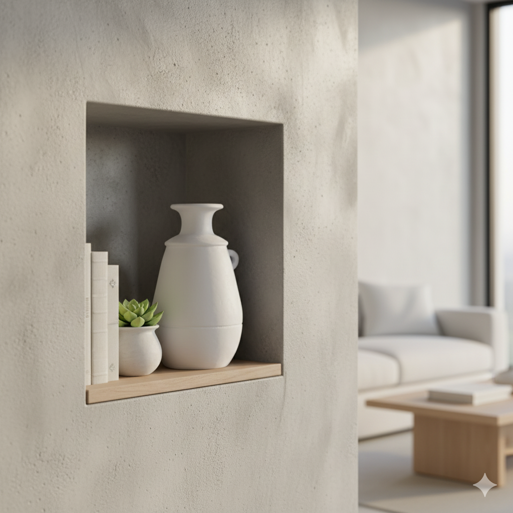 White vase and small plant on a wooden shelf against a textured wall with a modern living room in the background.