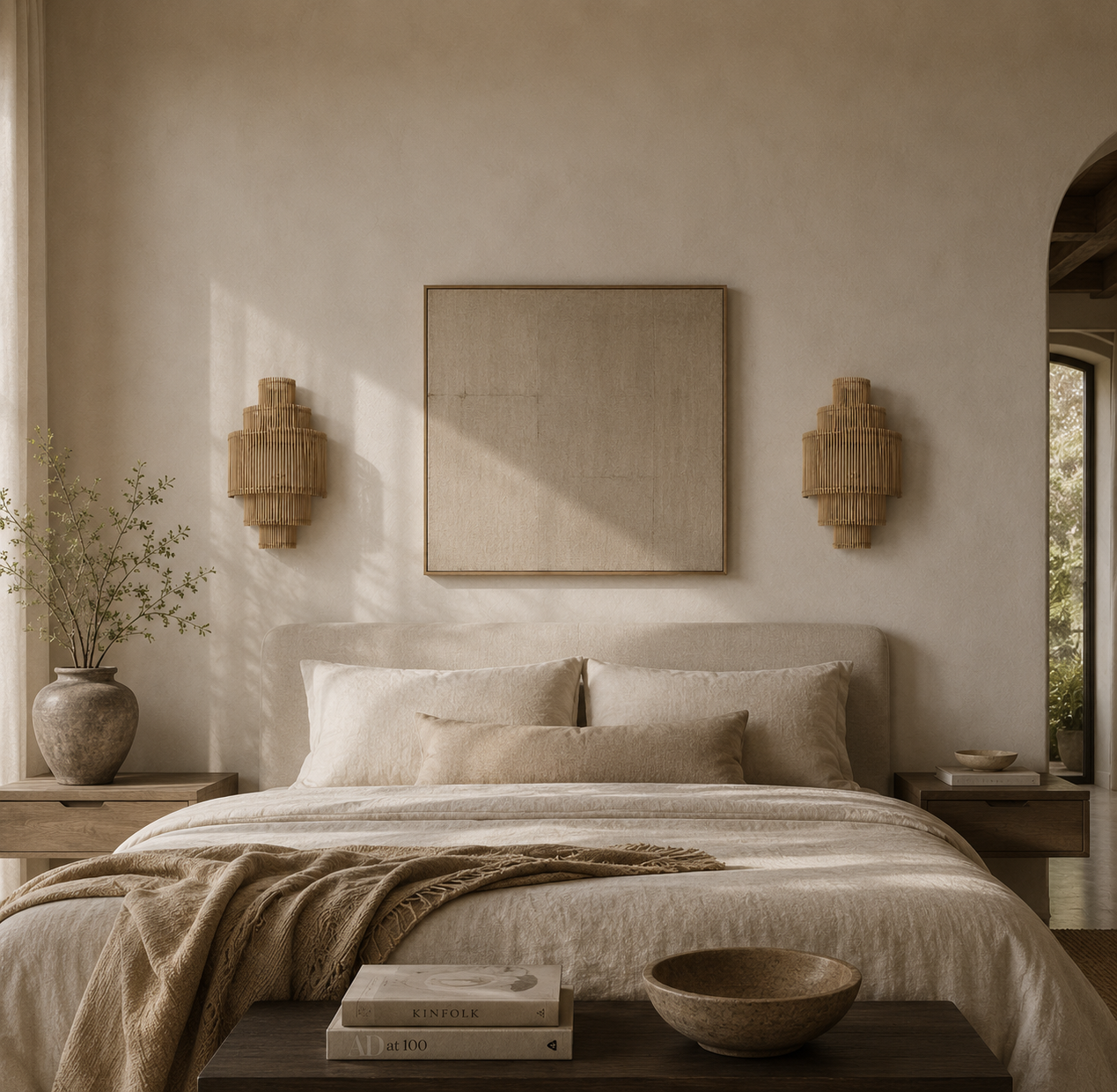 A minimalist bedroom scene with a neatly made bed in neutral beige linens, a textured throw blanket, two bedside tables, wall sconces, and a framed artwork centered on the wall.