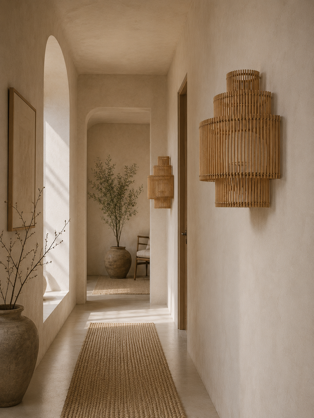 A warm, minimalist interior hallway with textured plaster walls, a woven runner rug, and two cylindrical woven wall sconces mounted on the right wall.