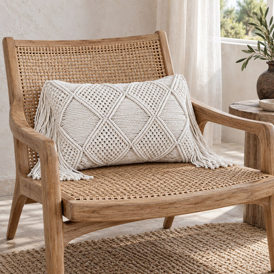 Paloma Handmade Cotton Macrame Lumbar Pillow Cover – Natural