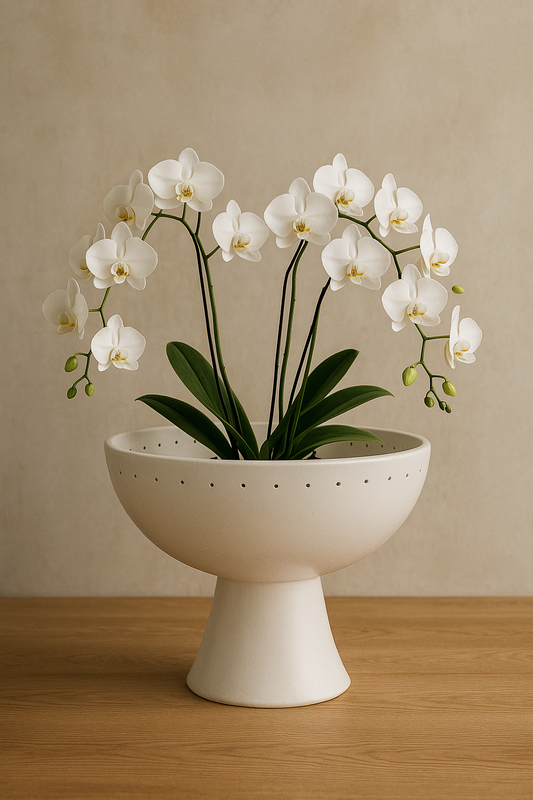 White orchids in a decorative ceramic bowl on a wooden surface with a beige background