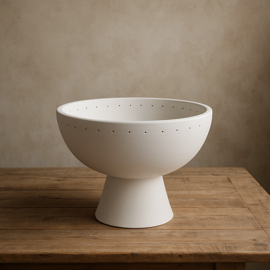 White ceramic bowl with textured surface on a wooden table against a beige wall