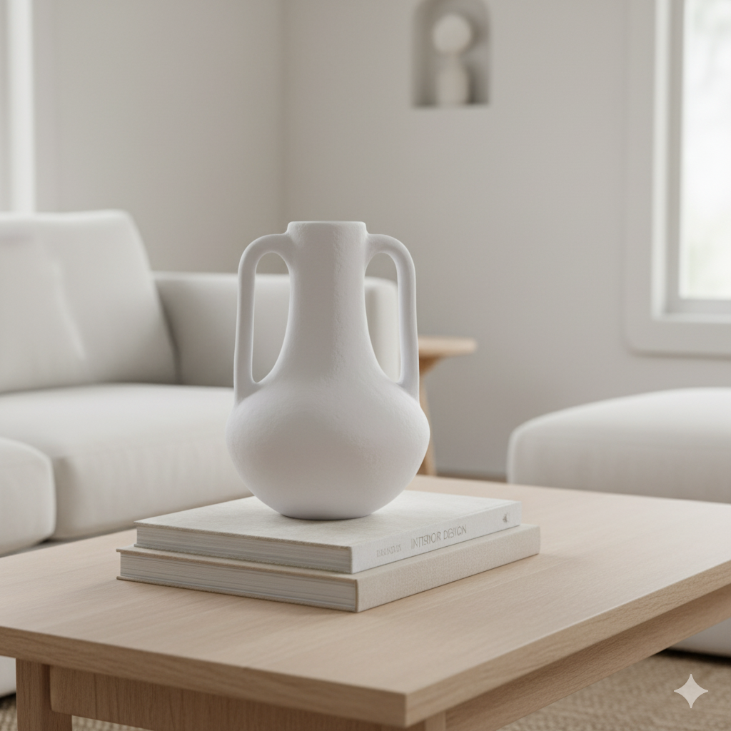 White vase on a stack of books on a wooden coffee table in a minimalistic living room.
