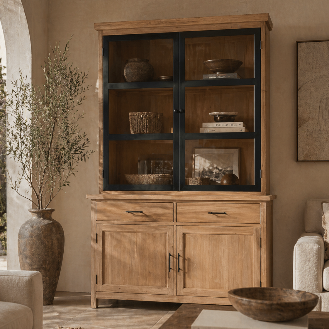 Wooden cabinet with glass doors in a living room setting
