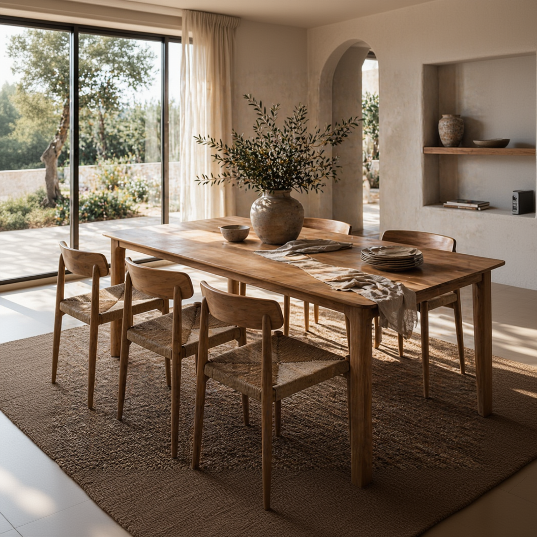 Dining area with wooden table and chairs, featuring a vase with greenery.