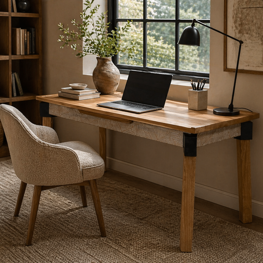 Wooden desk with laptop, chair, and decor in a home office setting