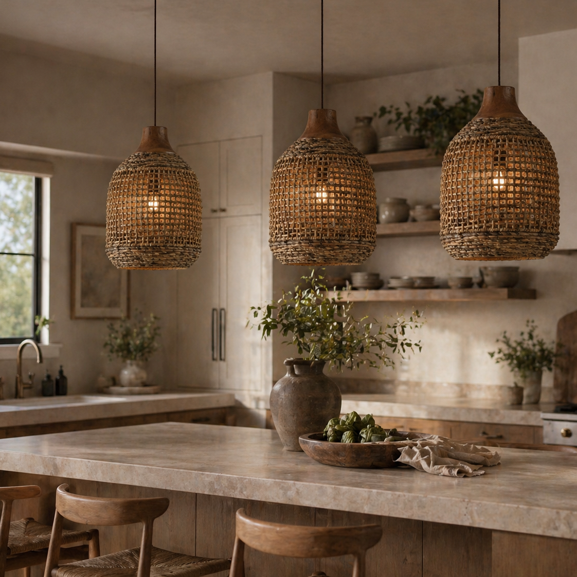 Kitchen with wicker pendant lights, wooden stools, and a vase on the counter.