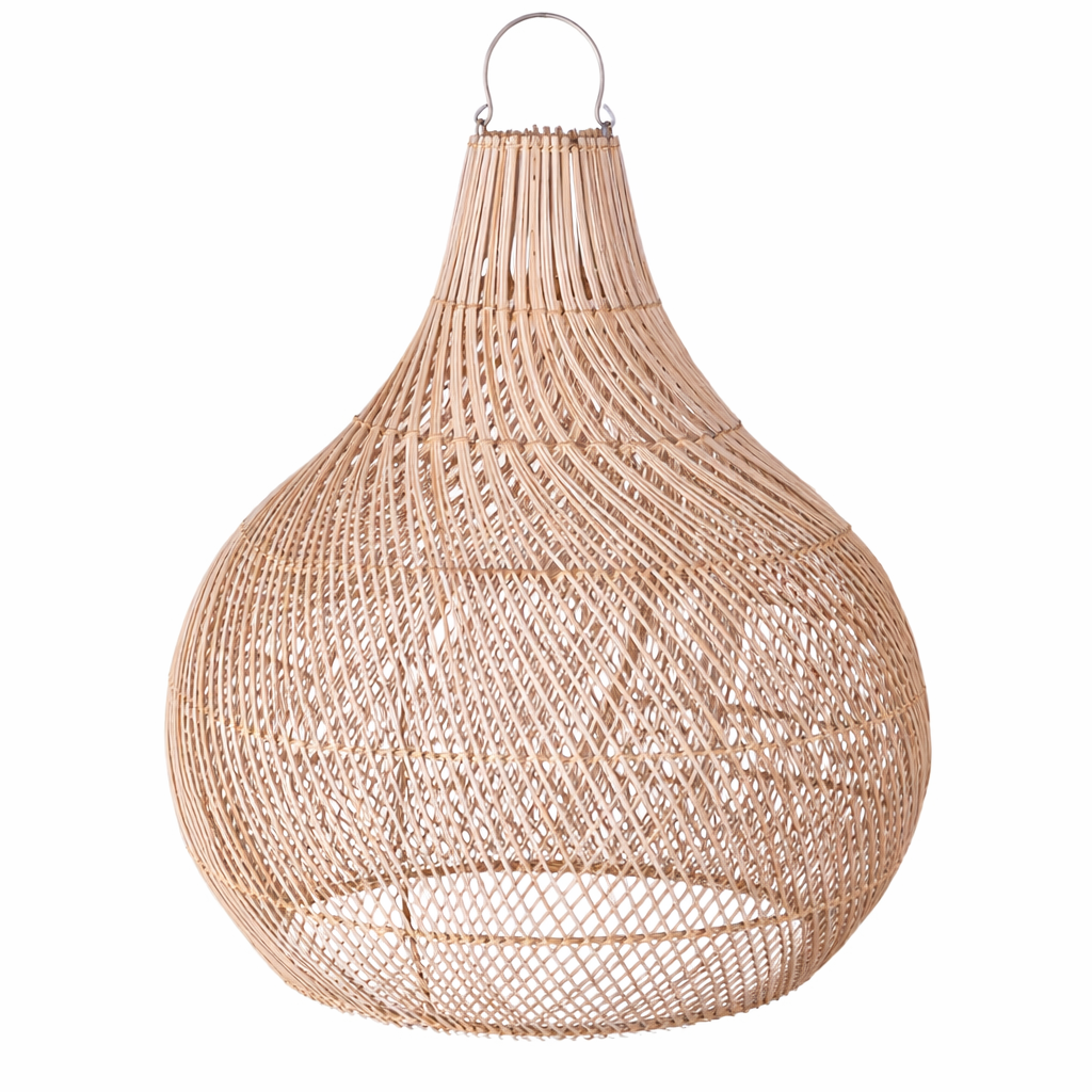 Woven pendant light on a white background