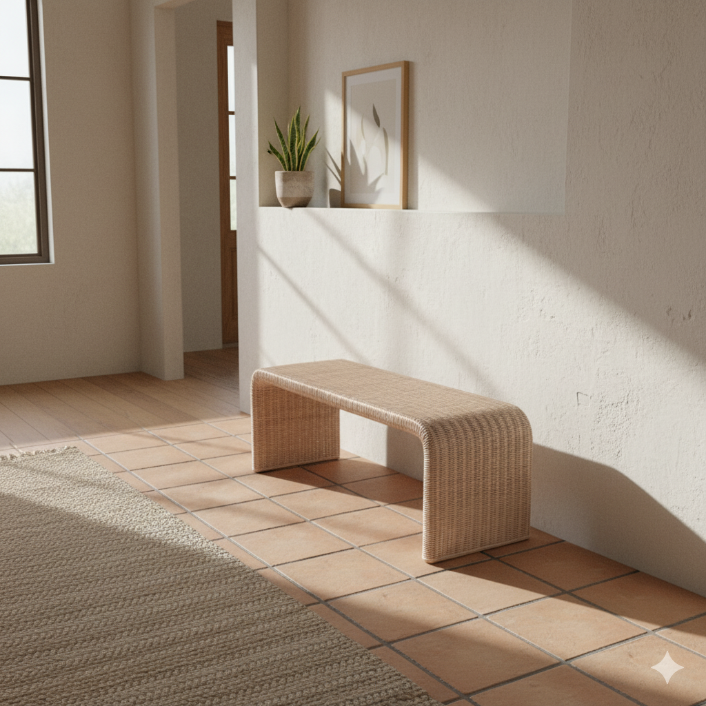 Woven bench in a sunlit room with tiled floor and white walls.